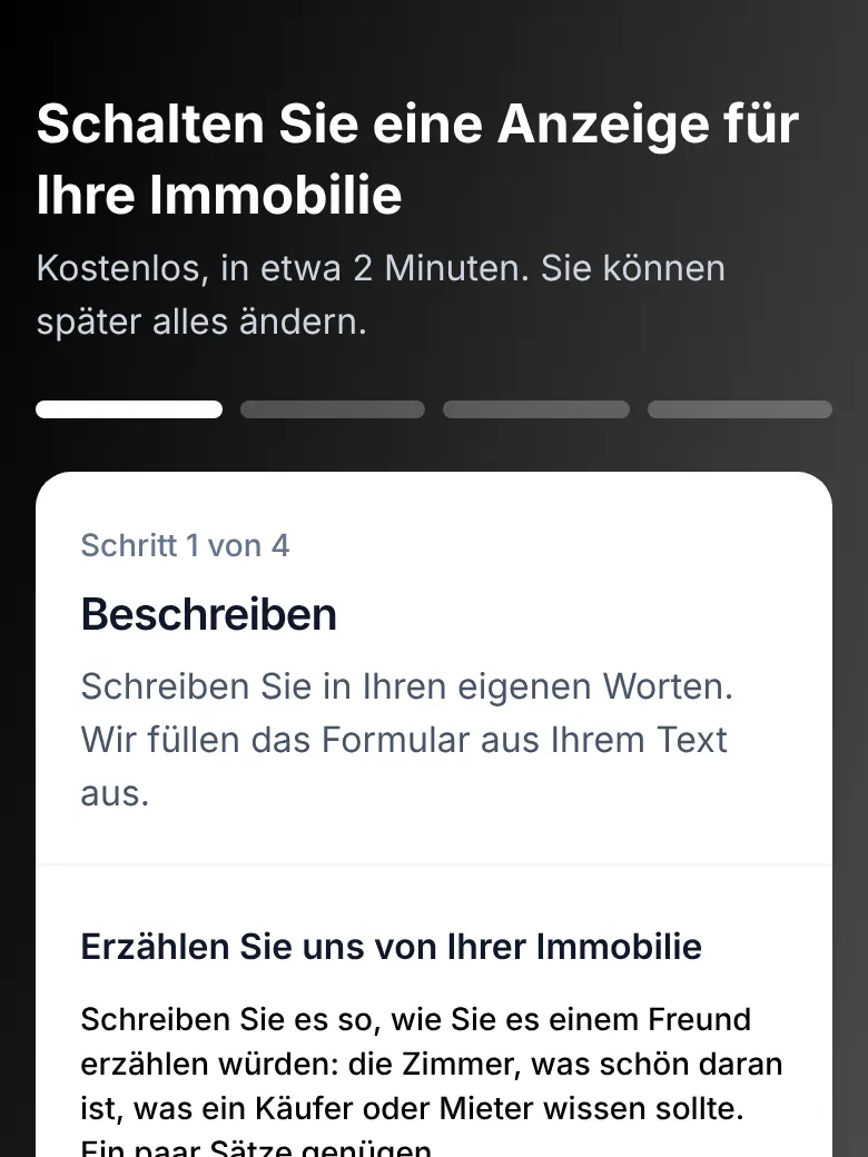Das Inseratsformular, Schritt 1: Beschreiben