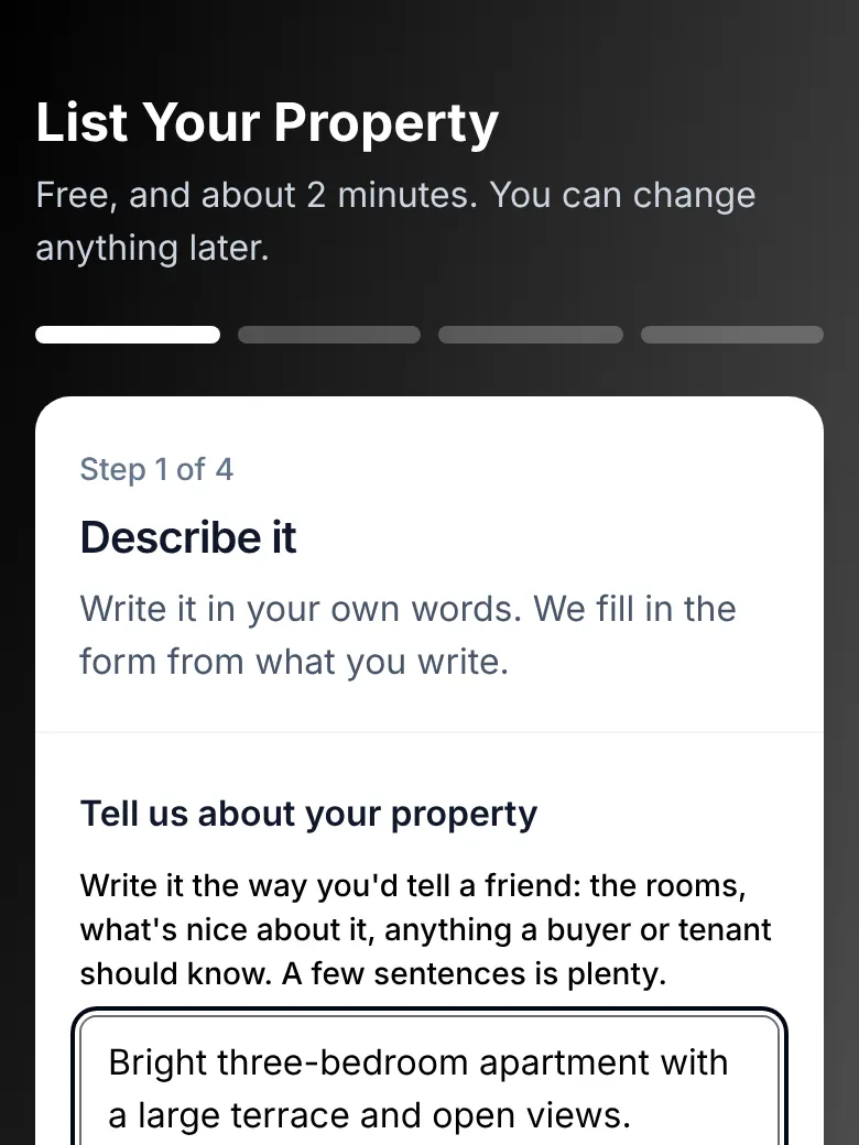 The listing form, step 1: Describe it