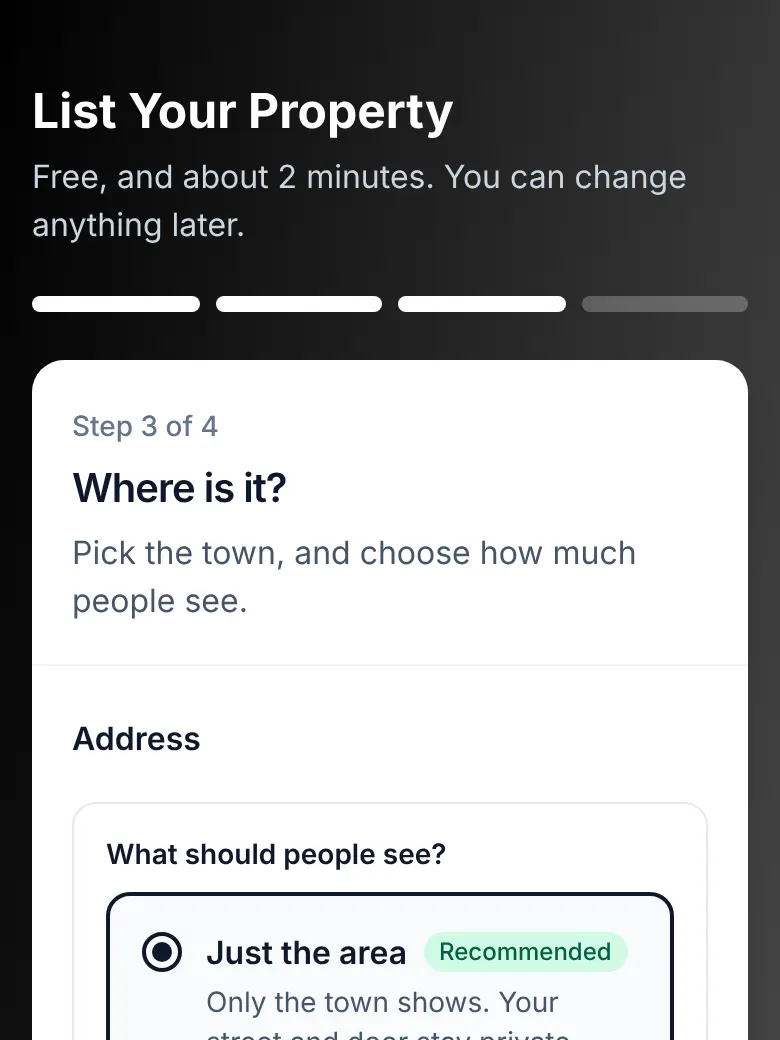 The listing form, step 3: Pick your area