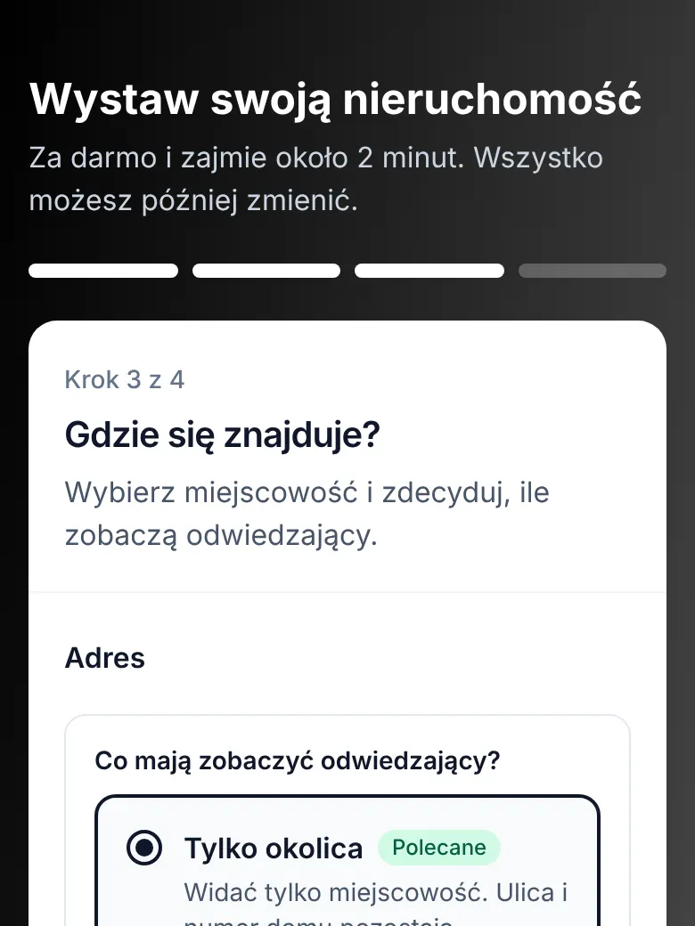 Formularz ogłoszenia, krok 3: Wybierz okolicę