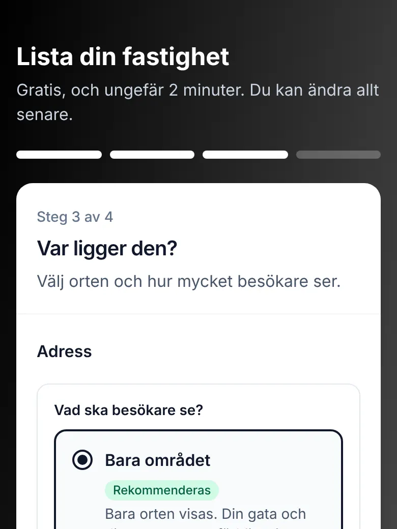 Annonsformuläret, steg 3: Välj ditt område